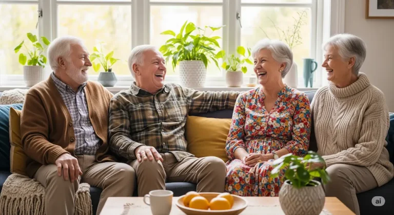 Imagen donde hay personas senior felices conviviendo.