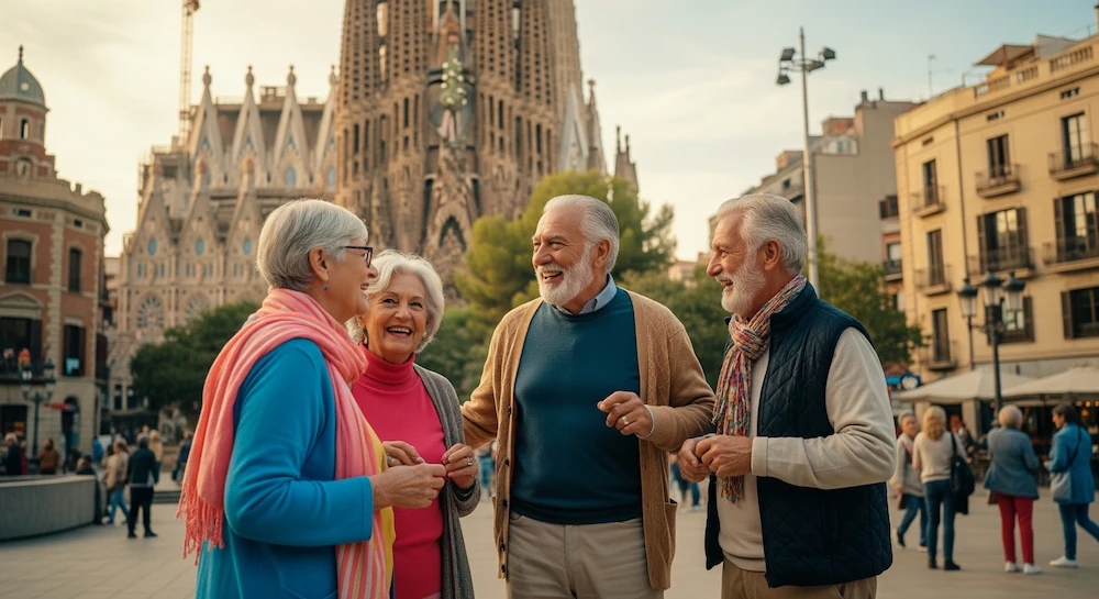 Senior disfrutando de las vistas y del viaje de Barcelona