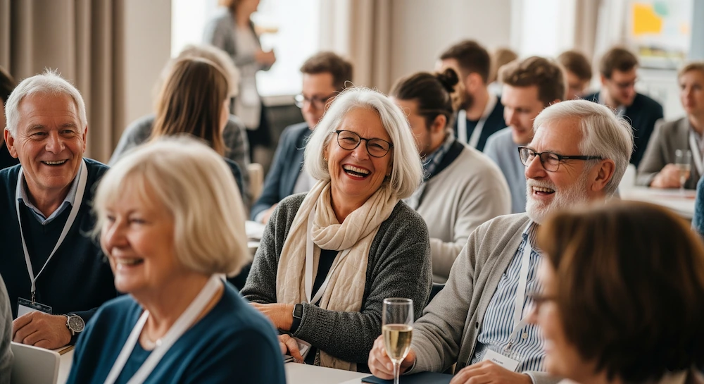 Personas senior pasandolo bien y aprendiendo en un evento