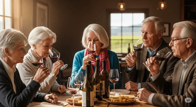 Grupo de seniors disfrutando de una cata de vinos