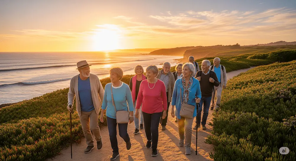 Grupo de seniors felices en un viaje ya que tienen seguro contratado