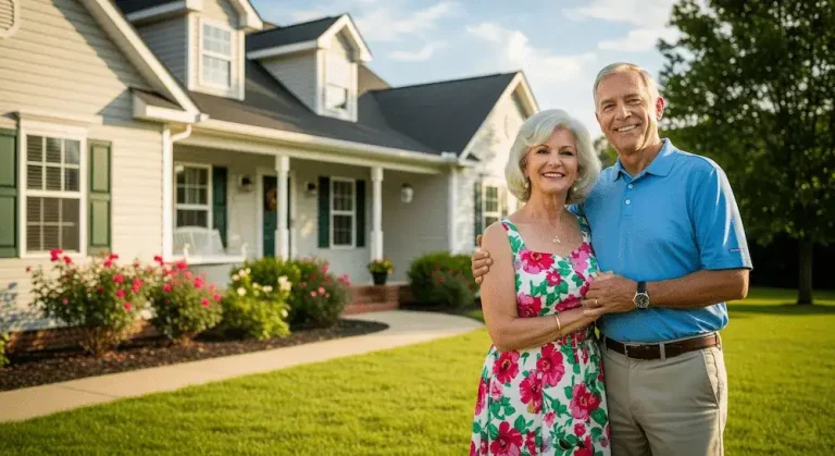 Personas senior super felices enfrente de su hogar