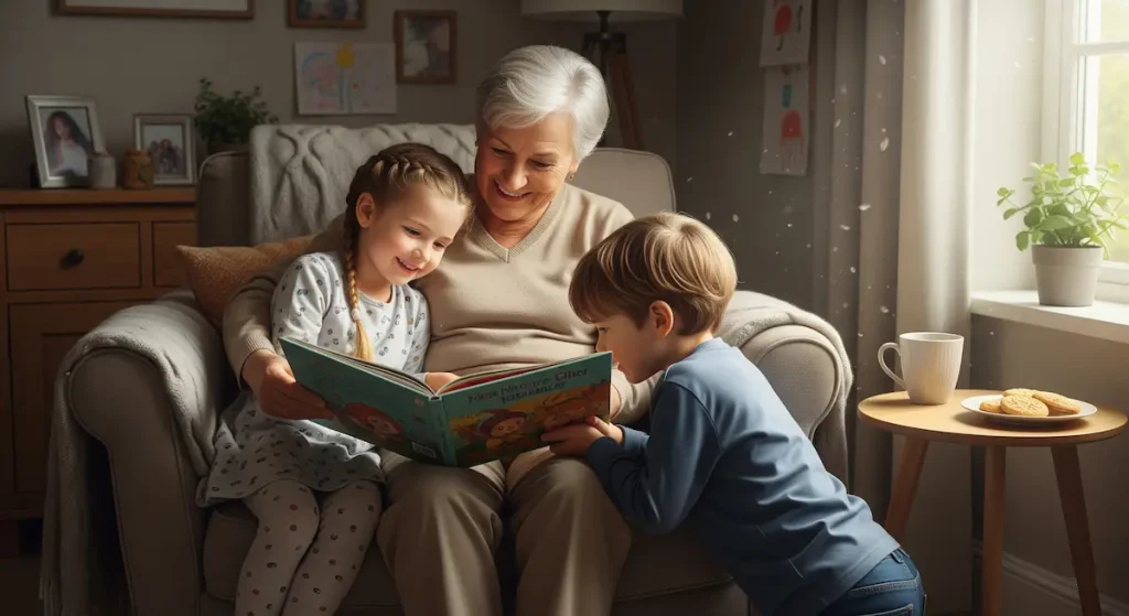 Abuela y nietos jugando juntos teniendo tiempo de calidad