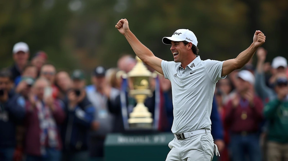 Jugador profesional de golf celebrando por todo lo alto su victoria