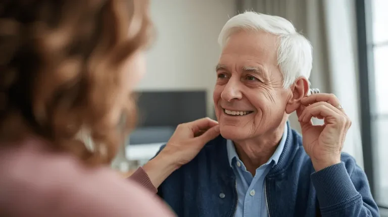 Alt text imagen destacada Senior recibiendo ayuda para la compra de audífonos