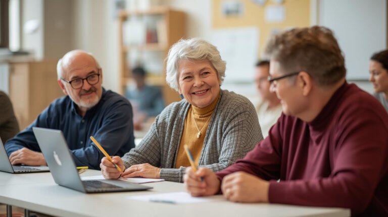 Seniors aprendiendo idiomas en clase de inglés
