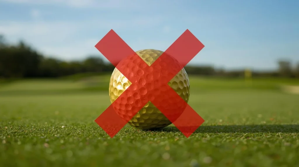 Bola de golf tachada y de fondo un campo de golf