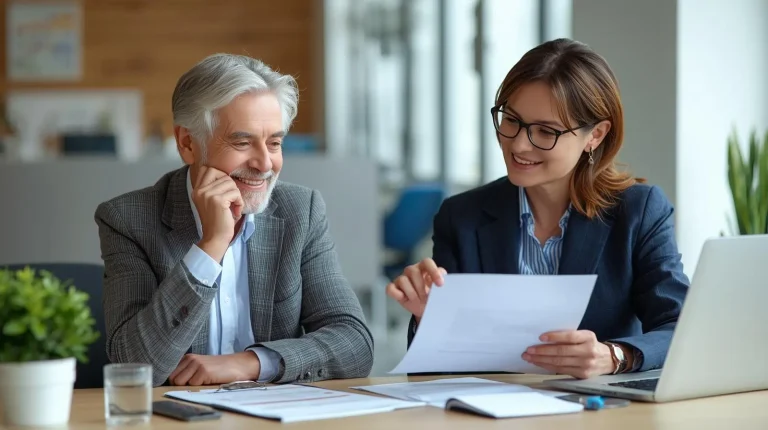 Senior consultando información sobre hipoteca inversa con asesor financiero.