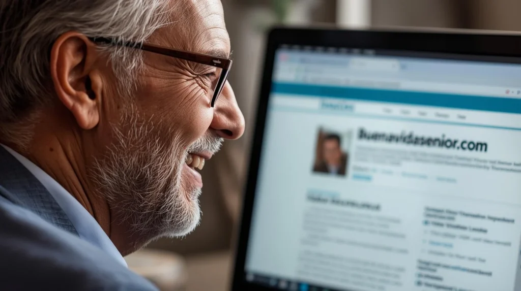 Señor feliz leyendo un artículo de BuenaVidaSenior.com
