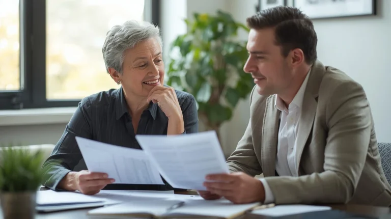 Senior evaluando opiniones sobre hipoteca inversa con asesor