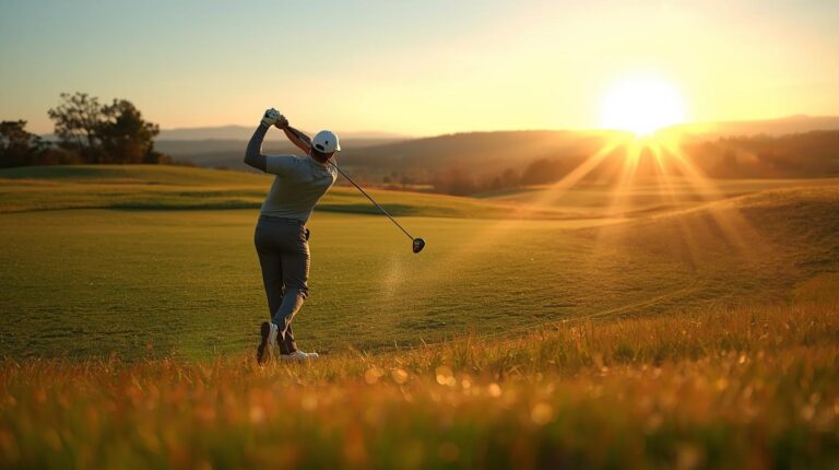 Golfista dando un golpe en un atardecer