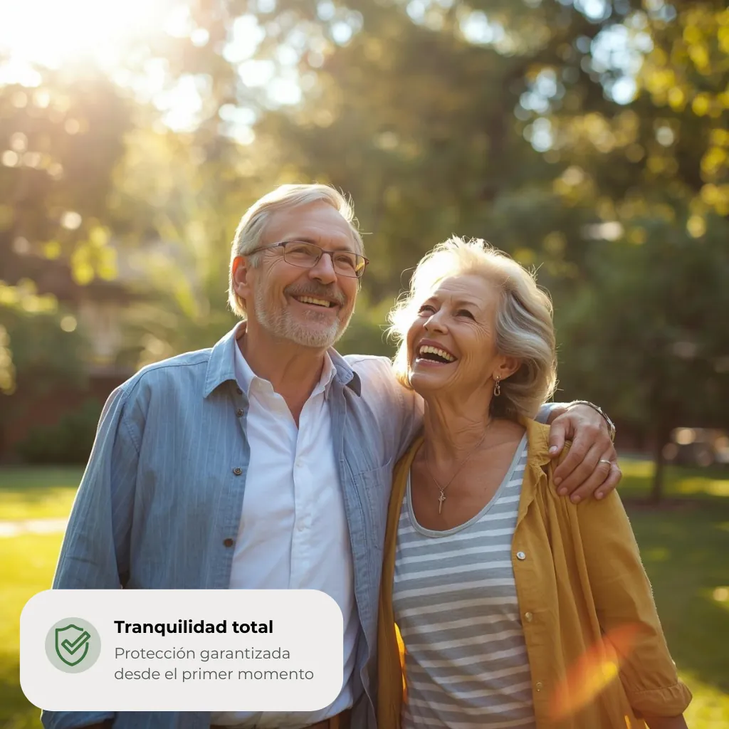 Señores felices en un parque, En la esquina inferior pone "Tranquilidad Total"