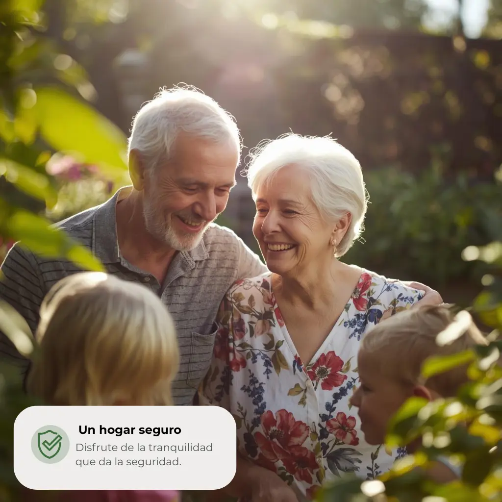 Pareja de seniors felices disfrutando de la tranquilidad de un hogar seguro