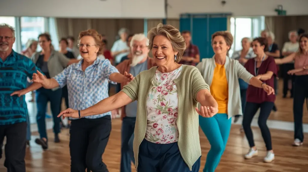 Grupo de adultos mayores disfrutando de una clase de baile