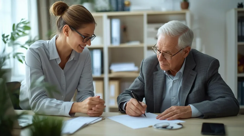 Senior rellenando solicitud de certificado de discapacidad con ayuda profesional