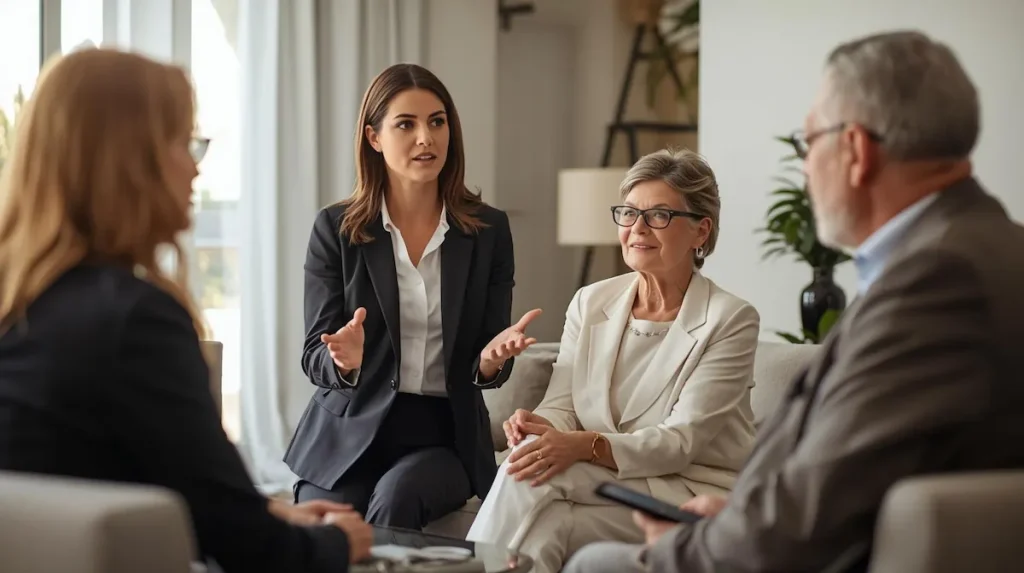 Abogad explicando a unos seniors como gestionar su patrimonio en España