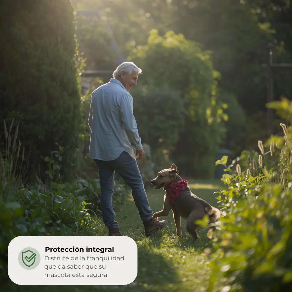 Senior feliz en su jardín jugando con su perro