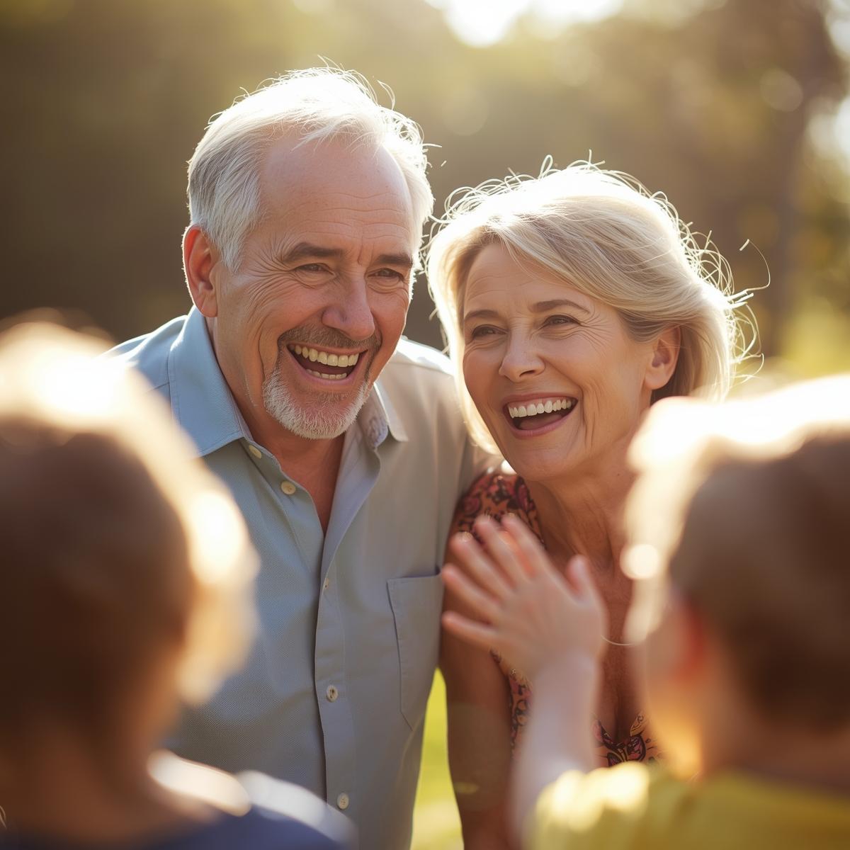 Pareja de sseniors muy felices con sus nietos