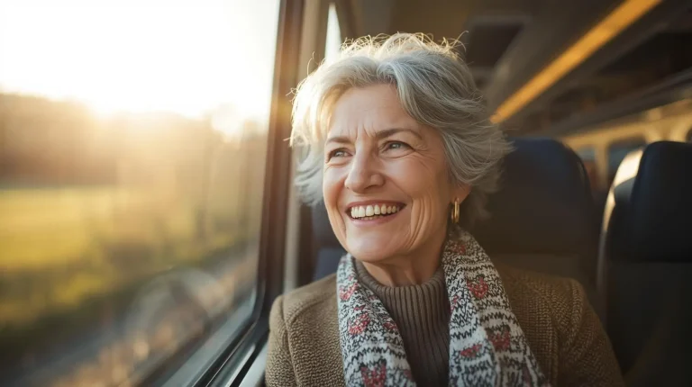 Señora viajando en tren muy feliz