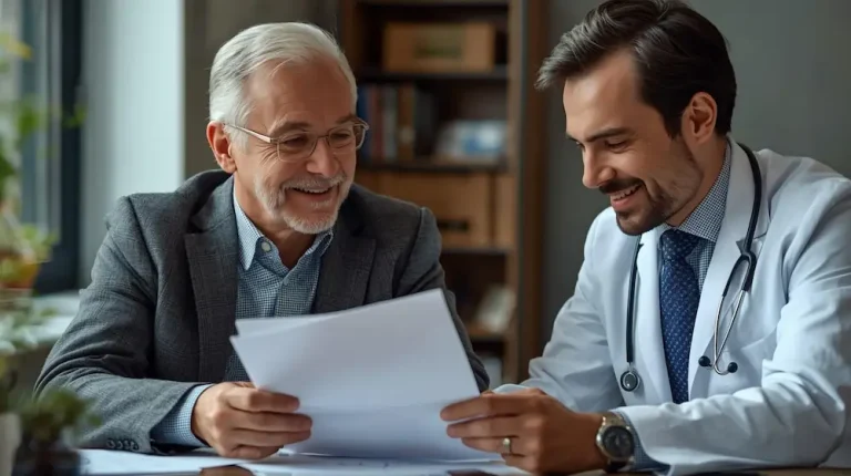 Médico explicando a persona mayor el cuestionario de salud de su seguro medico