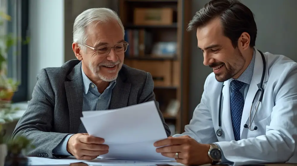 Médico explicando a persona mayor el cuestionario de salud de su seguro medico