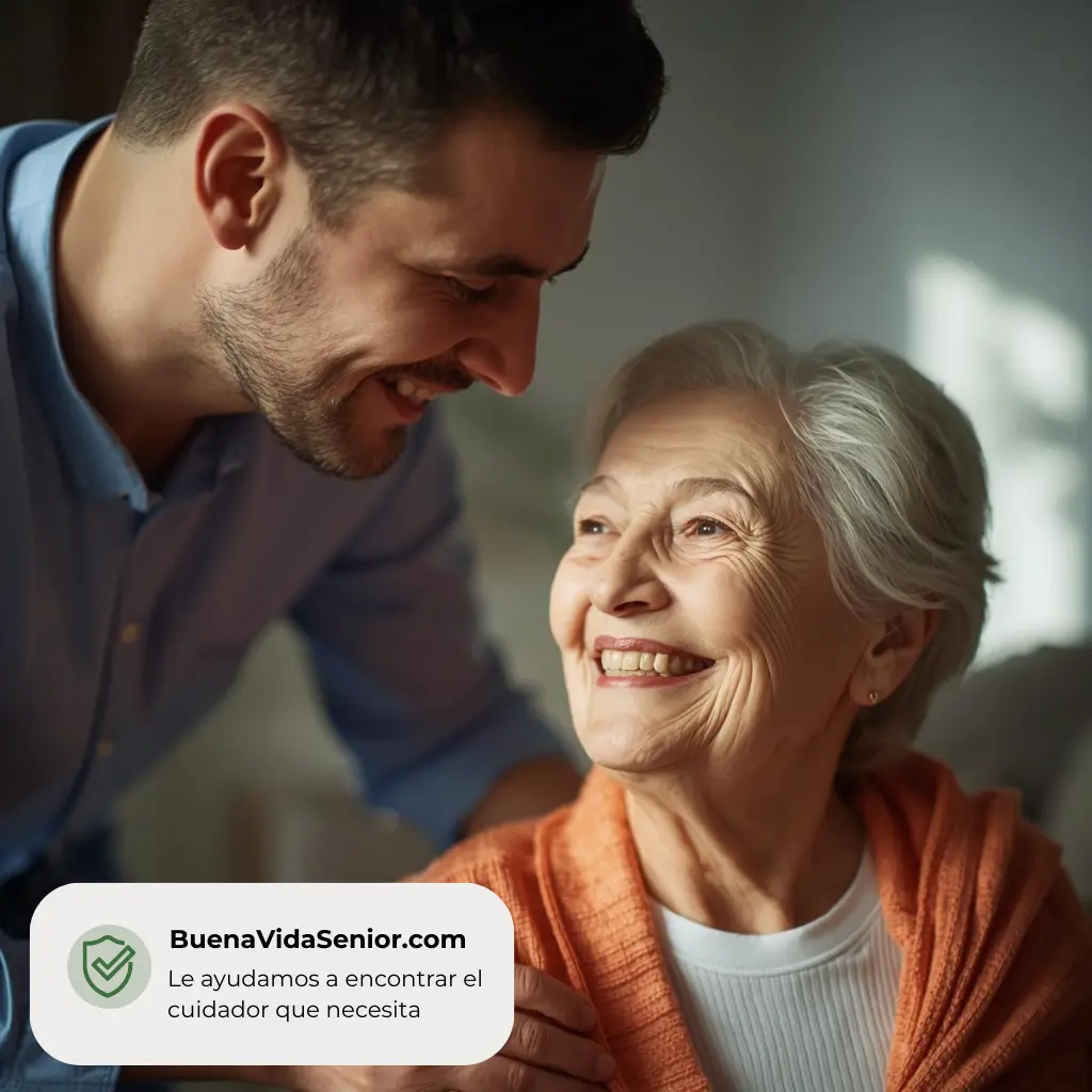 Cuidador con una señora, los dos muy felices