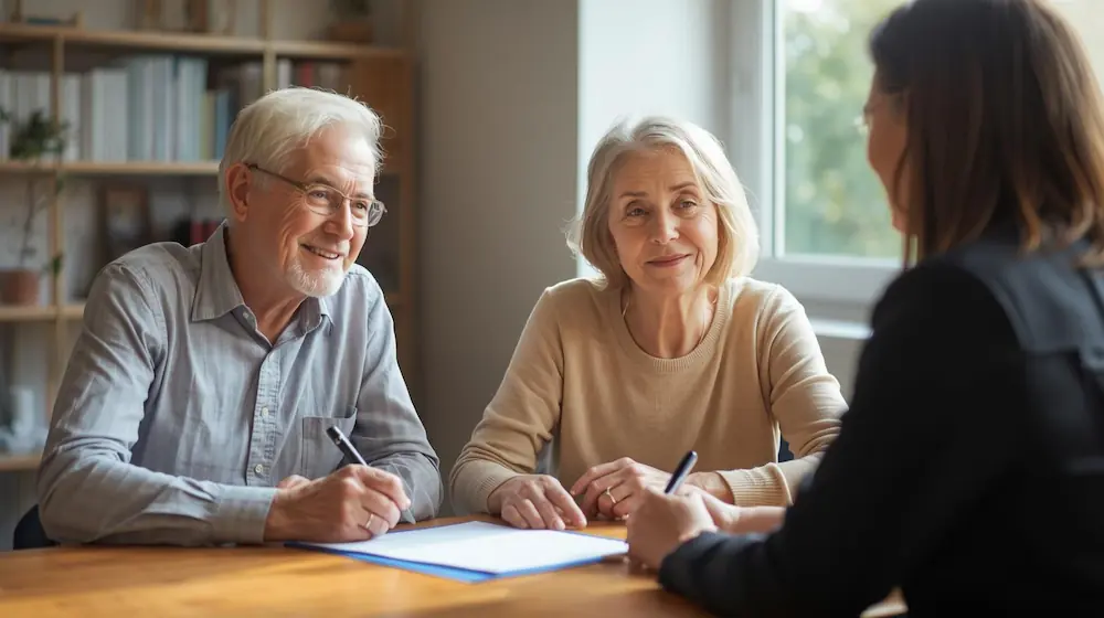 Familia firmando una póliza de seguro de decesos con un asesor