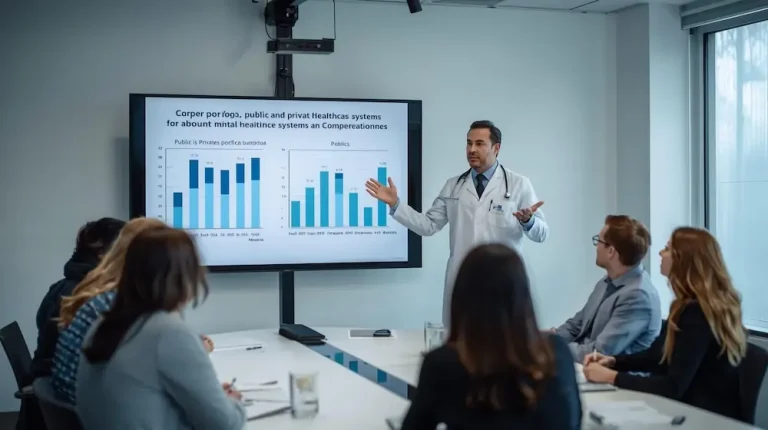 Médico explicando la comparativa entre salud publica y medico privada
