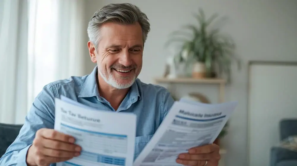 Persona mayor revisando su declaración de la renta con documentos del seguro de decesos