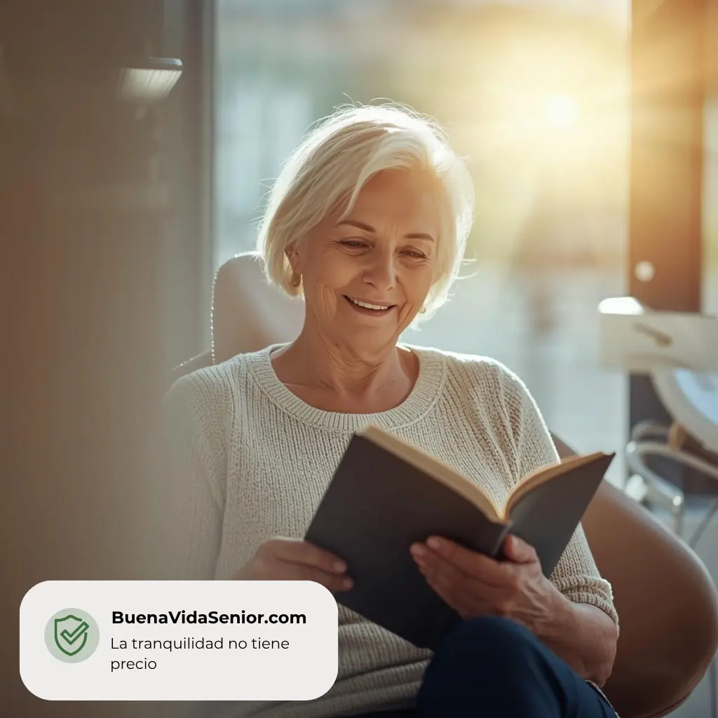 Senior leyendo en la consulta del dentista, tranquila y feliz