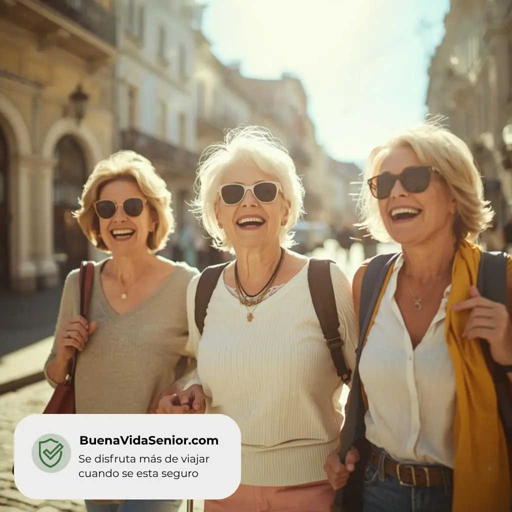 Grupo de 3 señoras viajando, felices y un día soleado y aseguradas por el mejor seguro senior
