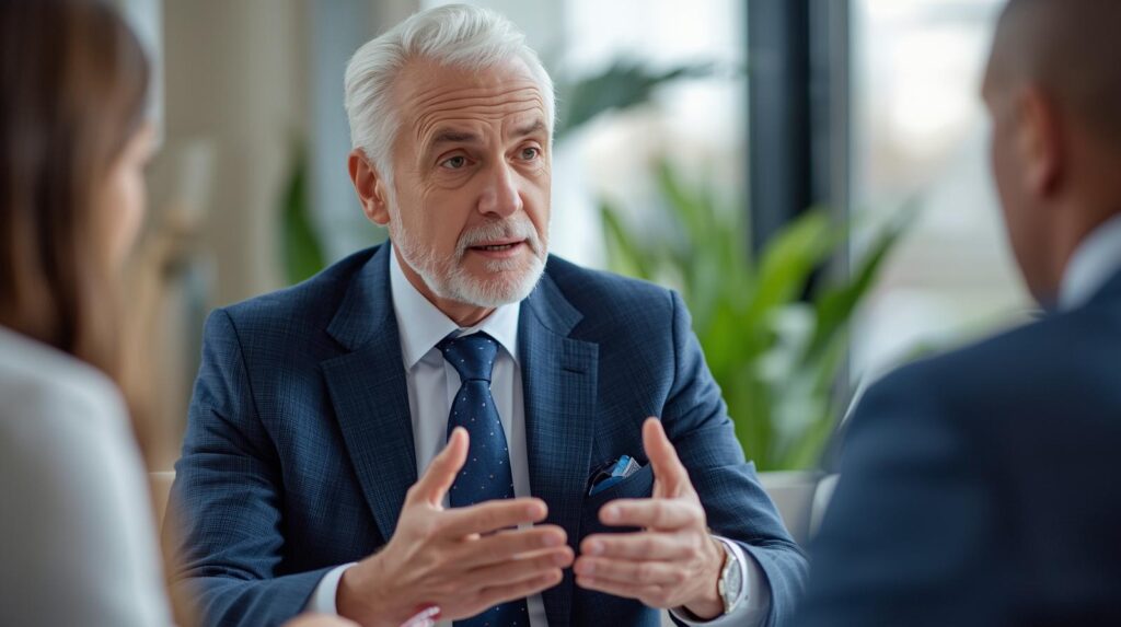 Asesor explicando l comparativa de los tres tipos de prima en un seguro de decesos nivelada mixta y única