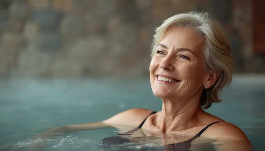 Señora senior en un balneario disfrutando