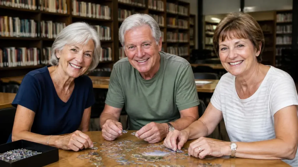 3 seniors disfrutando en una biblioteca de verano