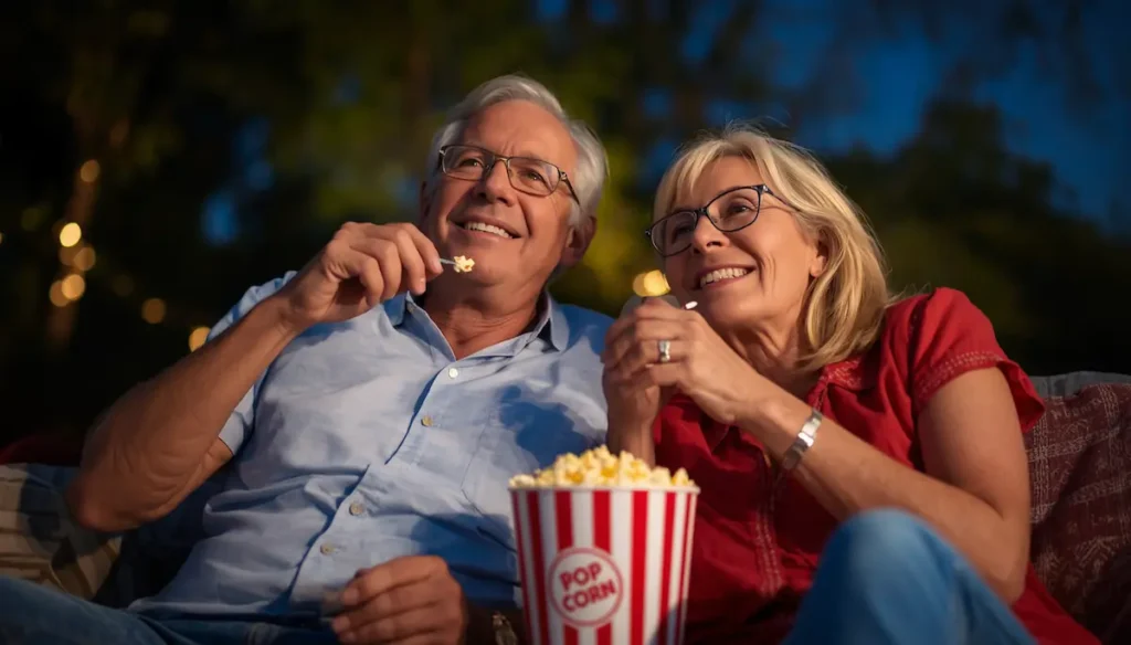 Pareja senior disfrutando de un cine de verano