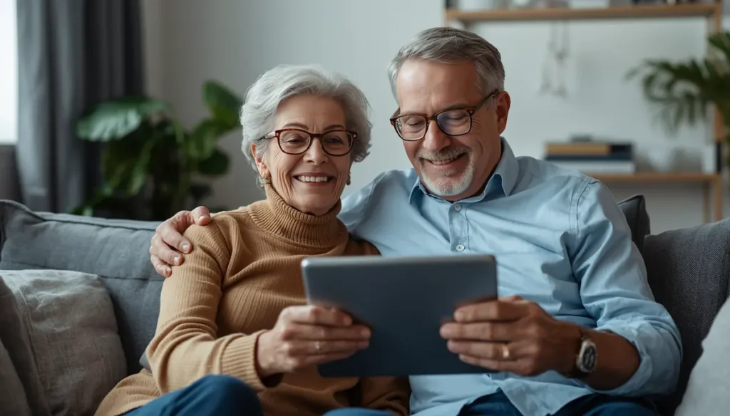 Pareja senior leyendo artículo sobre como dormir bien por las noches