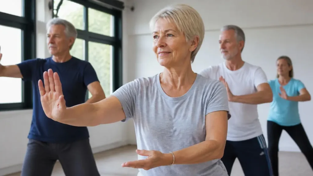 Grupo se seniors en una clase de tai chi