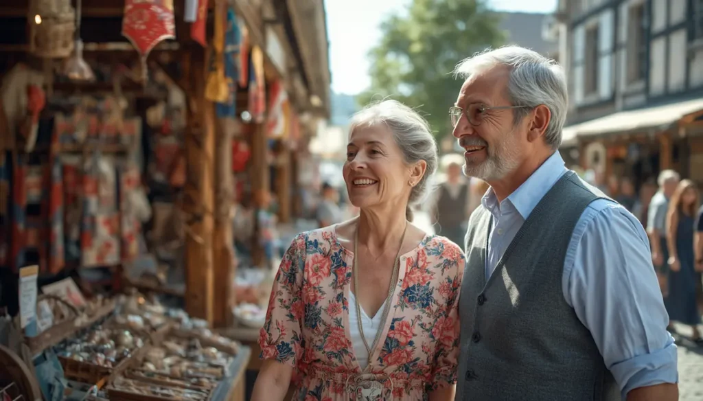 Pareja senior en un mercado artesanal mirando un puesto