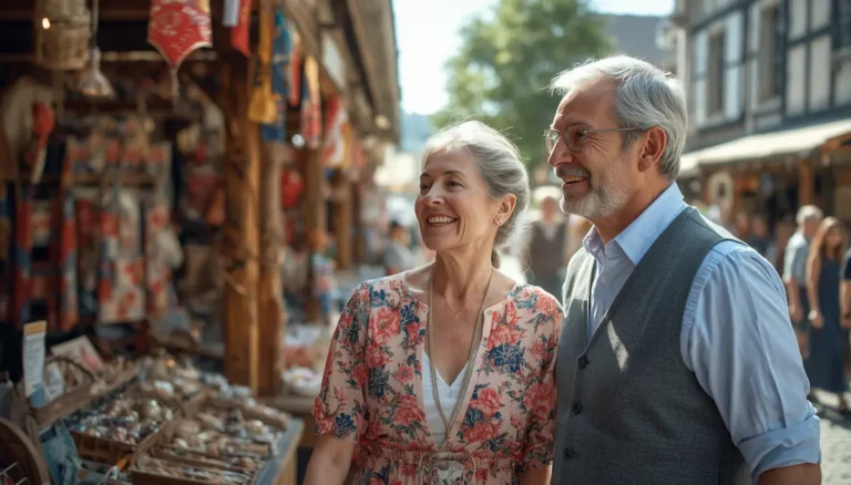 Pareja senior en un mercado artesanal mirando un puesto