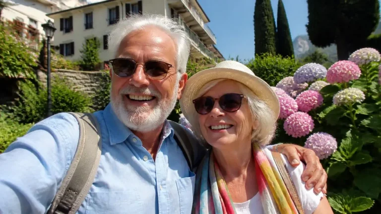 Pareja senior felices en un viaje