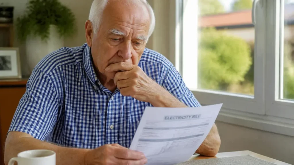 Senior preocupado con la factura de a luz