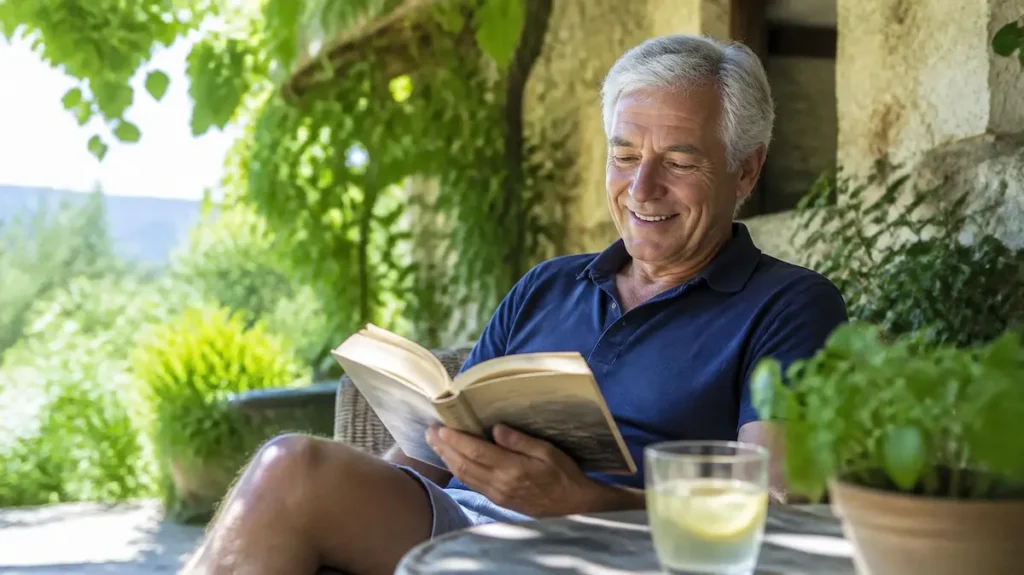 Senior disfrutando de un libro en un día soleado