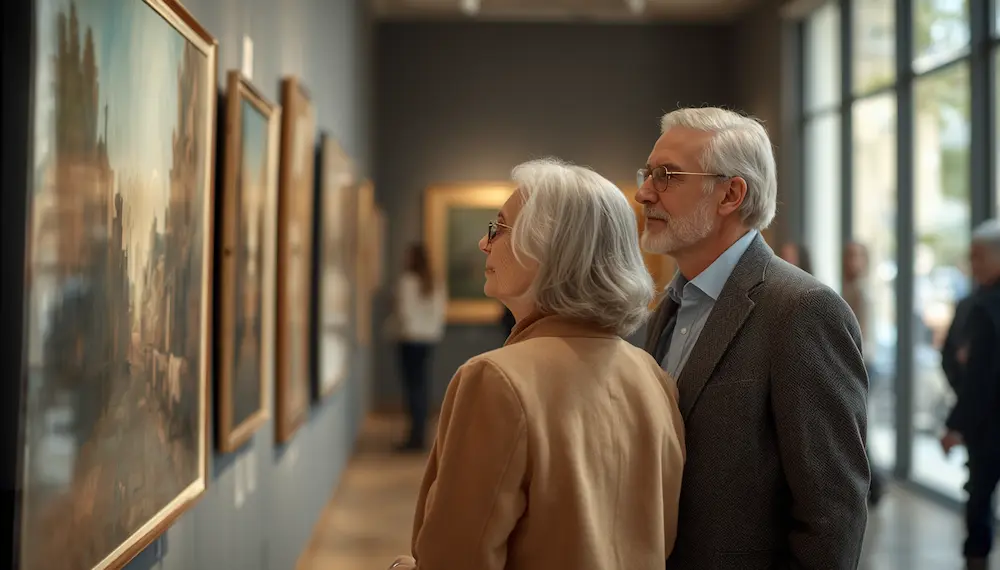 Pareja senior en una exposición de arte