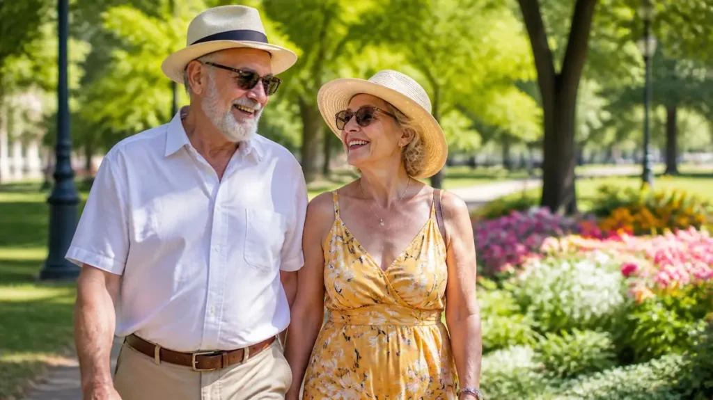 Pareja senior felices paseando en un día soleado