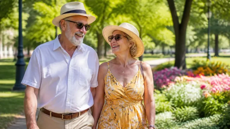 Pareja senior felices paseando en un día soleado