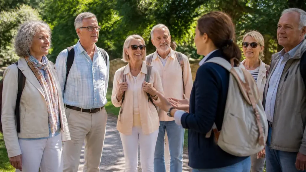 Grupo de personas mayores al aire libre, las cuales están disfrutando de una actividad guiada