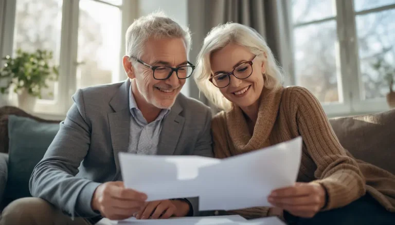Pareja senior leyendo documento sobre la revalorización de las pensiones.