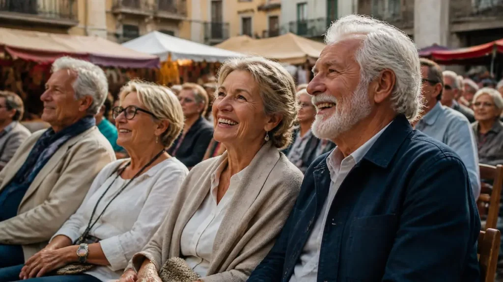 Grupo de seniors felices observando un teatro clásico.
