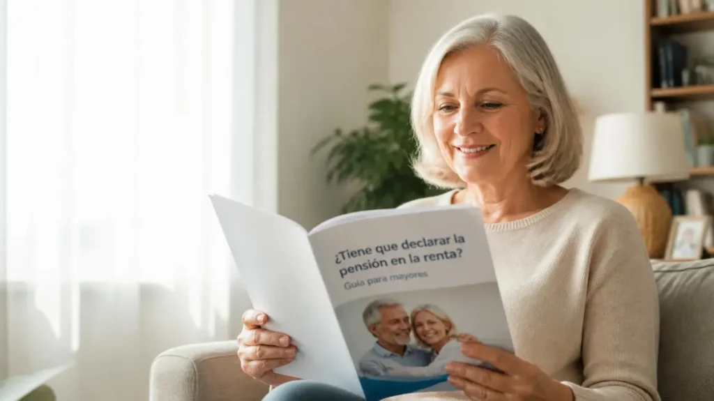 Senior leyendo una guía sobre como declarar la pensión en la declaración 2026.