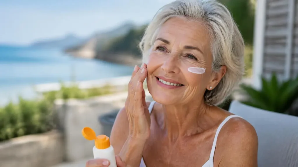 Señora echándose crema solar para prevenir los efectos negativos de la exposición al sol